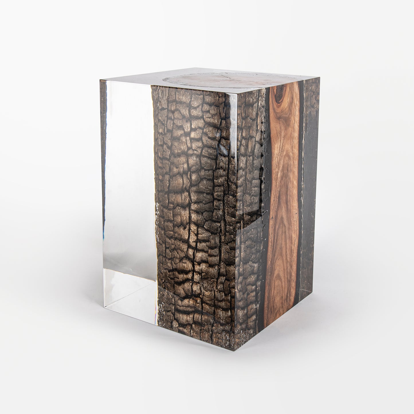 Bronze Burned Wood Stump Stool Table
