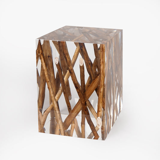 Wood Logs Stool / Side Table_vintage Farmhouse Funiture_Transparent Acrylic Art Rectangle Side Table