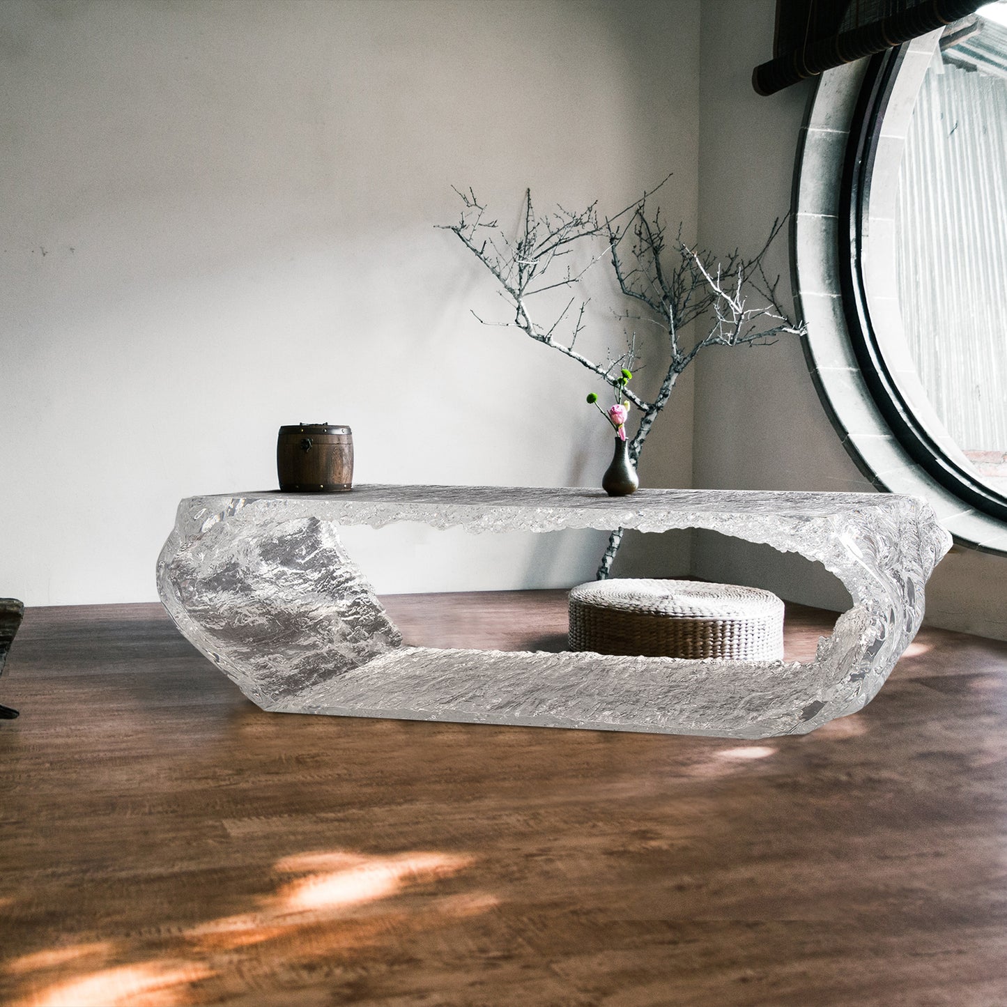 Zen interior decor space featuring transparent Ice Cave Coffee Table. Japandi furniture suits for creative interiors.