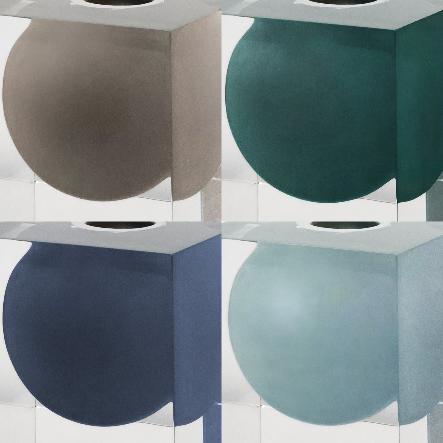 Four-color close-up grid showing Morandi-inspired spheres embedded inside clear acrylic cubes. Decorative home decor vases suits with luxury home decor or aesthetic room ideas.