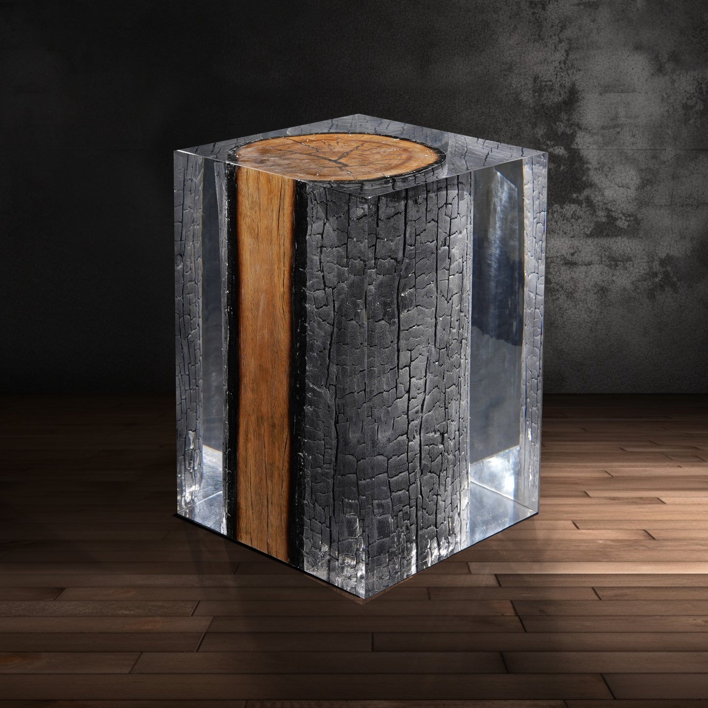 Burned Wood Stump Stool Table - Cut