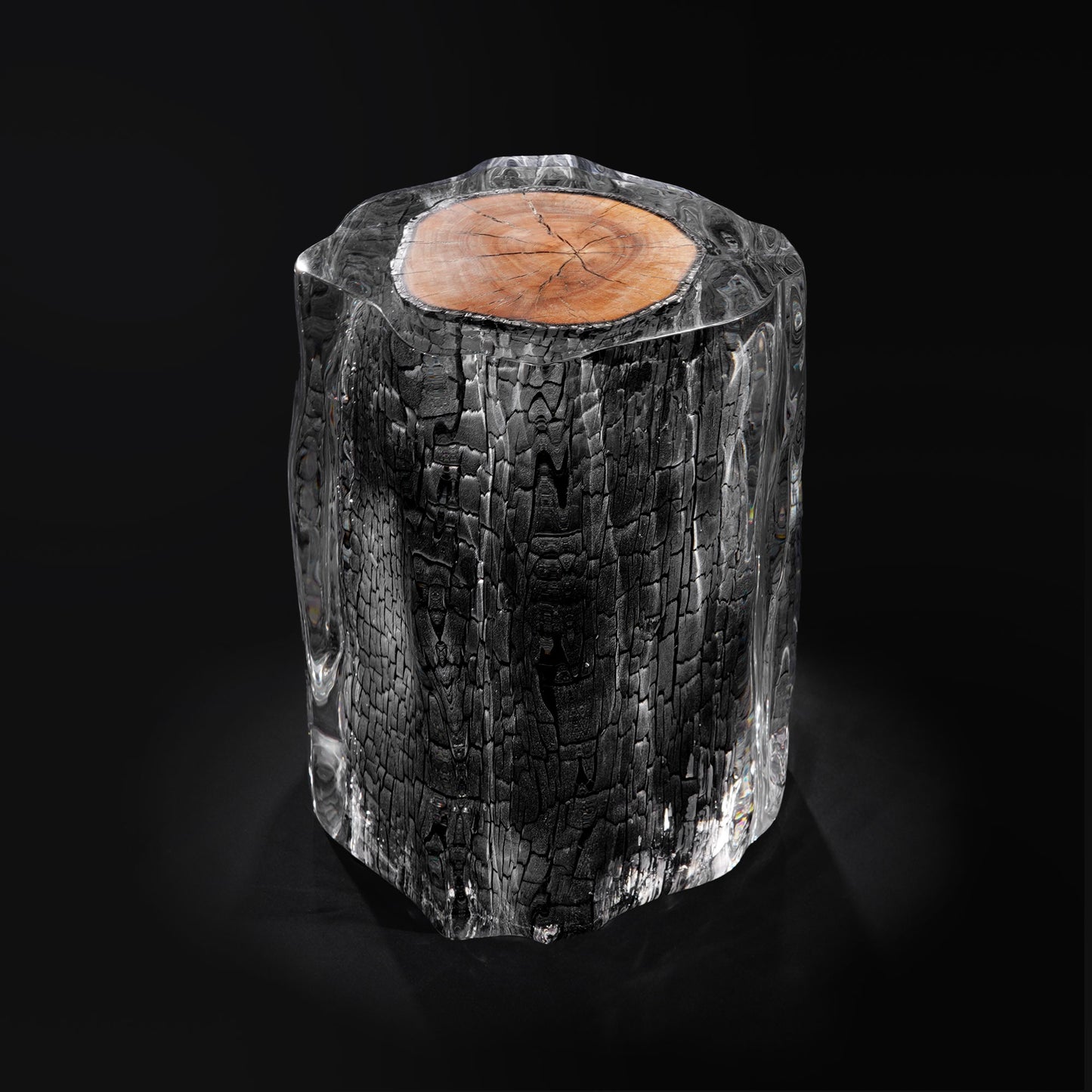 Wooden log side table encased within transparent acrylic with a irregular ripple form. Wood stool placing on a black background.